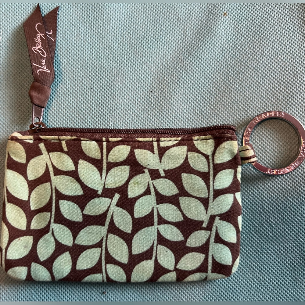 Vera Bradley Brown and Teal Leaf ID Keychain Wallet